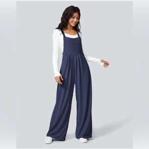 HALARA Waffle Knit Casual Overalls Jumpsuit Wide Leg Adjustable Strap NavyBlue L